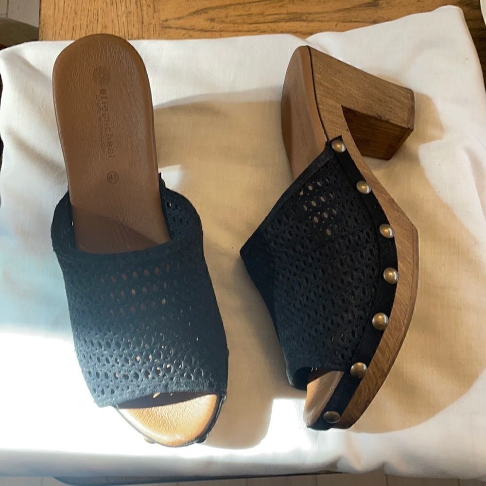 ERIC MICHAEL BLACK SUEDE MESH STUDDED MULES. NEW